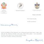 List od Konsula Honorowego Republiki Peru w Poznaniu - Kajetana Pyrzyńskigo
