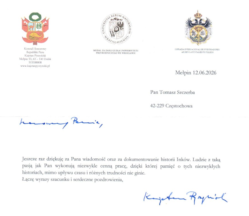 List od Konsula Honorowego Republiki Peru w Poznaniu - Kajetana Pyrzy艅skigo